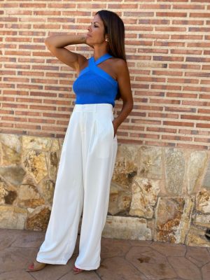 vista completa del pantalon ancho de pincas con el top malta azul
