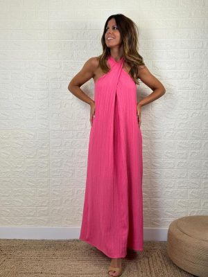 vestido denisse de color rosa con escote cruzado